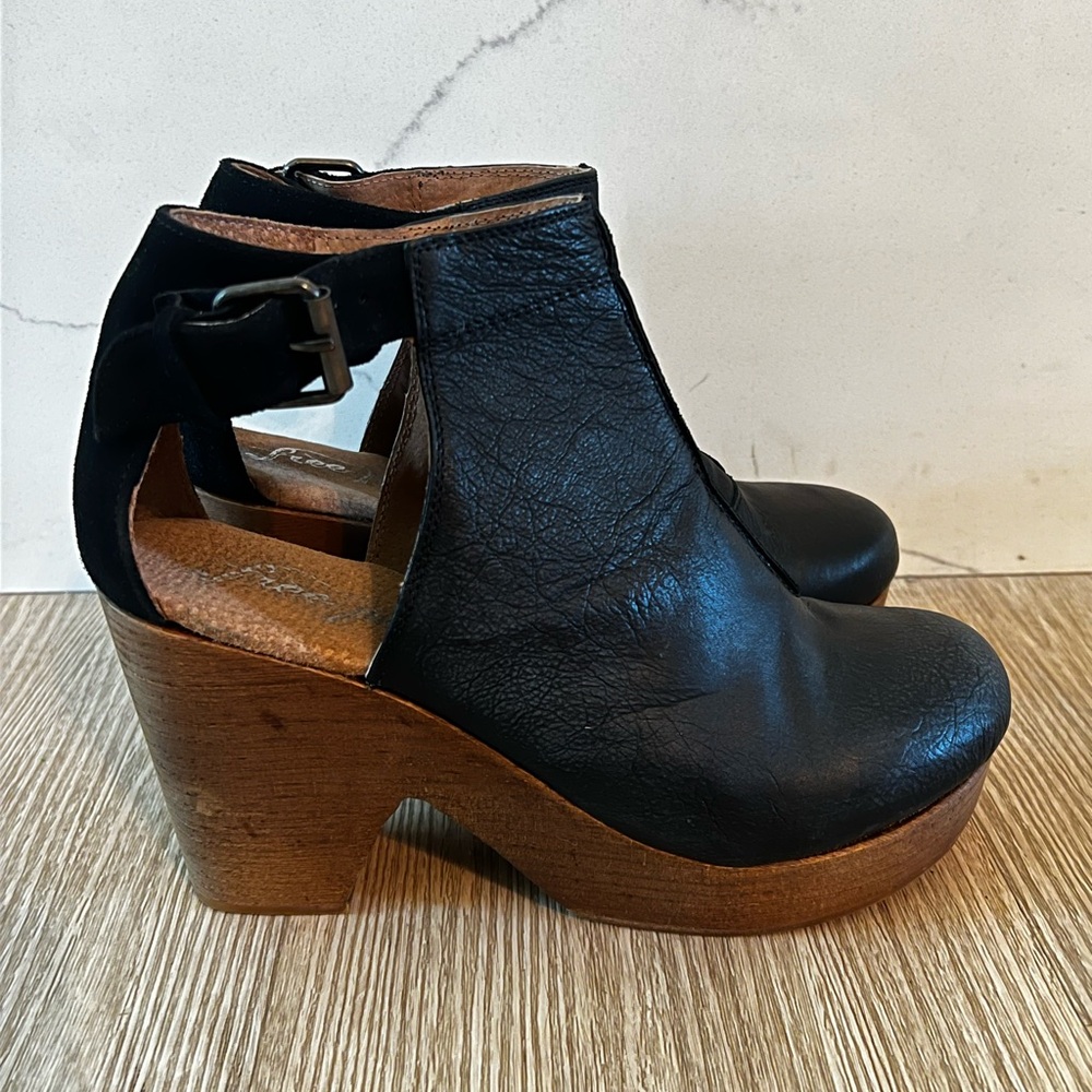 Free People Black Leather Wedge/ Mules with Wooden Heel